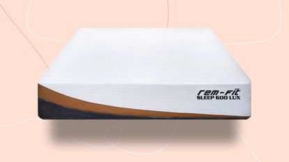 The REM-Fit 600 Lux Elite Hybrid mattress on a pink background