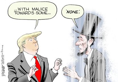 Political Cartoon U.S. Trump Lincoln malice towards none
