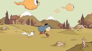 Hilda runs through a field with her pet dear-fox Twig as Woffs fly through the sky in an episode of Hilda