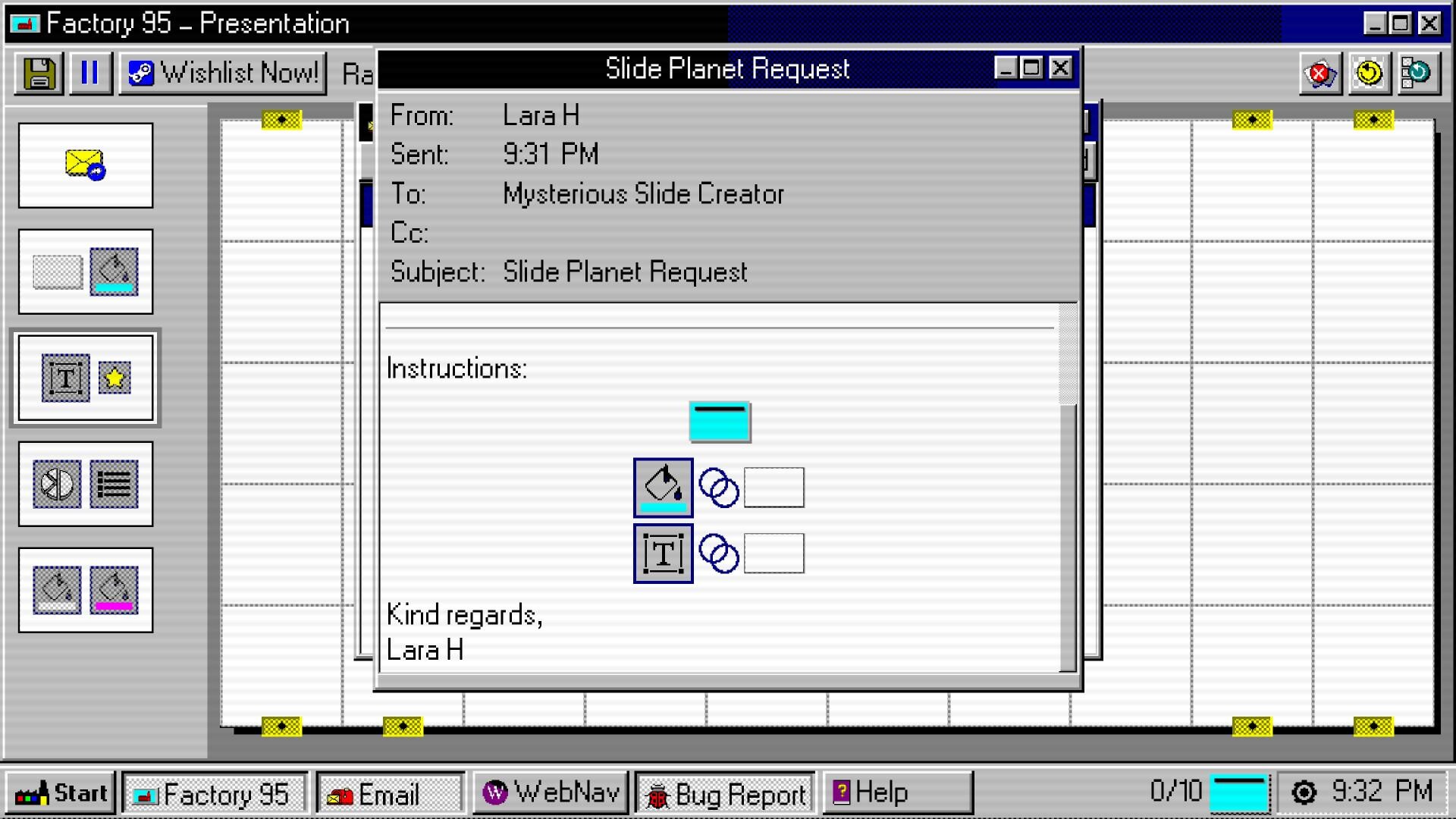 A retro-style computer interface displays an email titled "Slide Planet Request" from Lara H to Mysterious Slide Creator. The grid background and tool icons evoke a 1990s aesthetic.