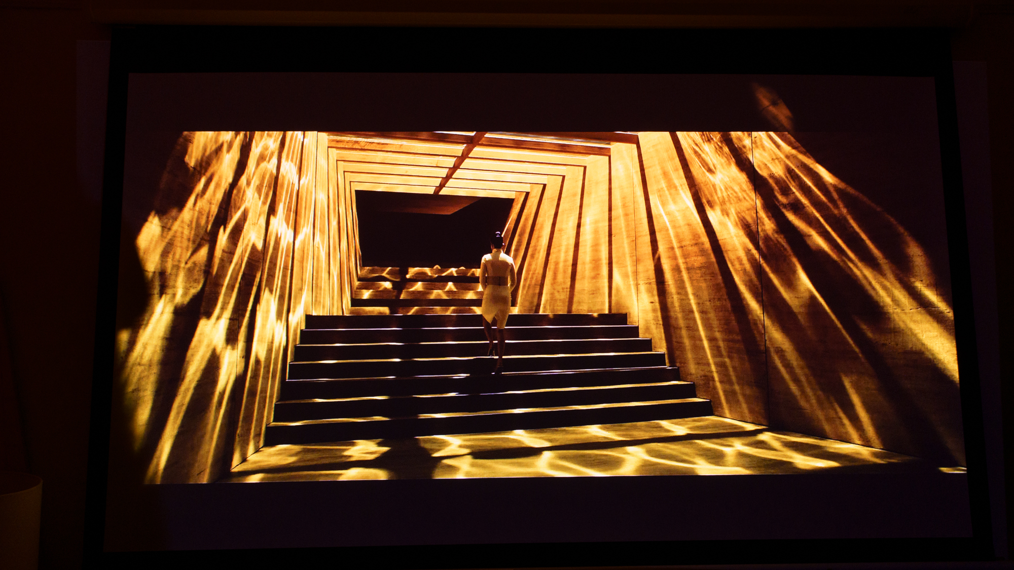 A picture projected on a screen by a JMGO N3 Ultimate projector