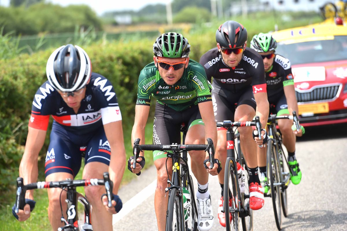 Stef Clement (IAM Cycling), Armindo Fonseca (Bretagne Seche), Perrig Quemeneur (Europcar) and Jan Barta (Bora Argon 18) in the breakaway