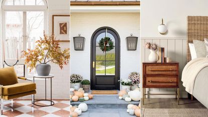 Three fall decor schemes: a seating corner, a front entryway, and a bedroom