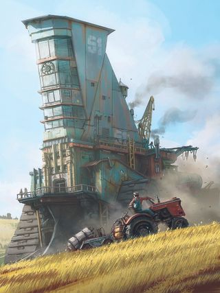 Artist insight, The Gnomon Workshop; a tractor drives past a sci-fi tower