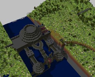 A 3D rendered Dwarf Fortress on water.