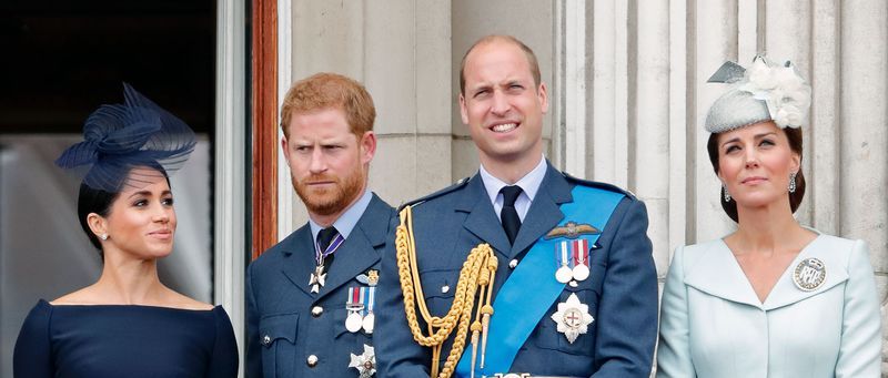 london, united kingdom july 10 embargoed for publication in uk newspapers until 24 hours after create date and time meghan, duchess of sussex, prince harry, duke of sussex, prince william, duke of cambridge and catherine, duchess of cambridge watch a flypast to mark the centenary of the royal air force from the balcony of buckingham palace on july 10, 2018 in london, england the 100th birthday of the raf, which was founded on on 1 april 1918, was marked with a centenary parade with the presentation of a new queen's colour and flypast of 100 aircraft over buckingham palace photo by max mumbyindigogetty images