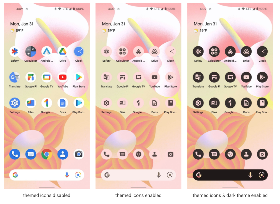 Android 13 theme icons - left disabled, center enabled, right enabled and dark mode