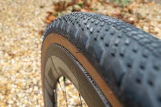 A close up of a tan bike tyre sidewall