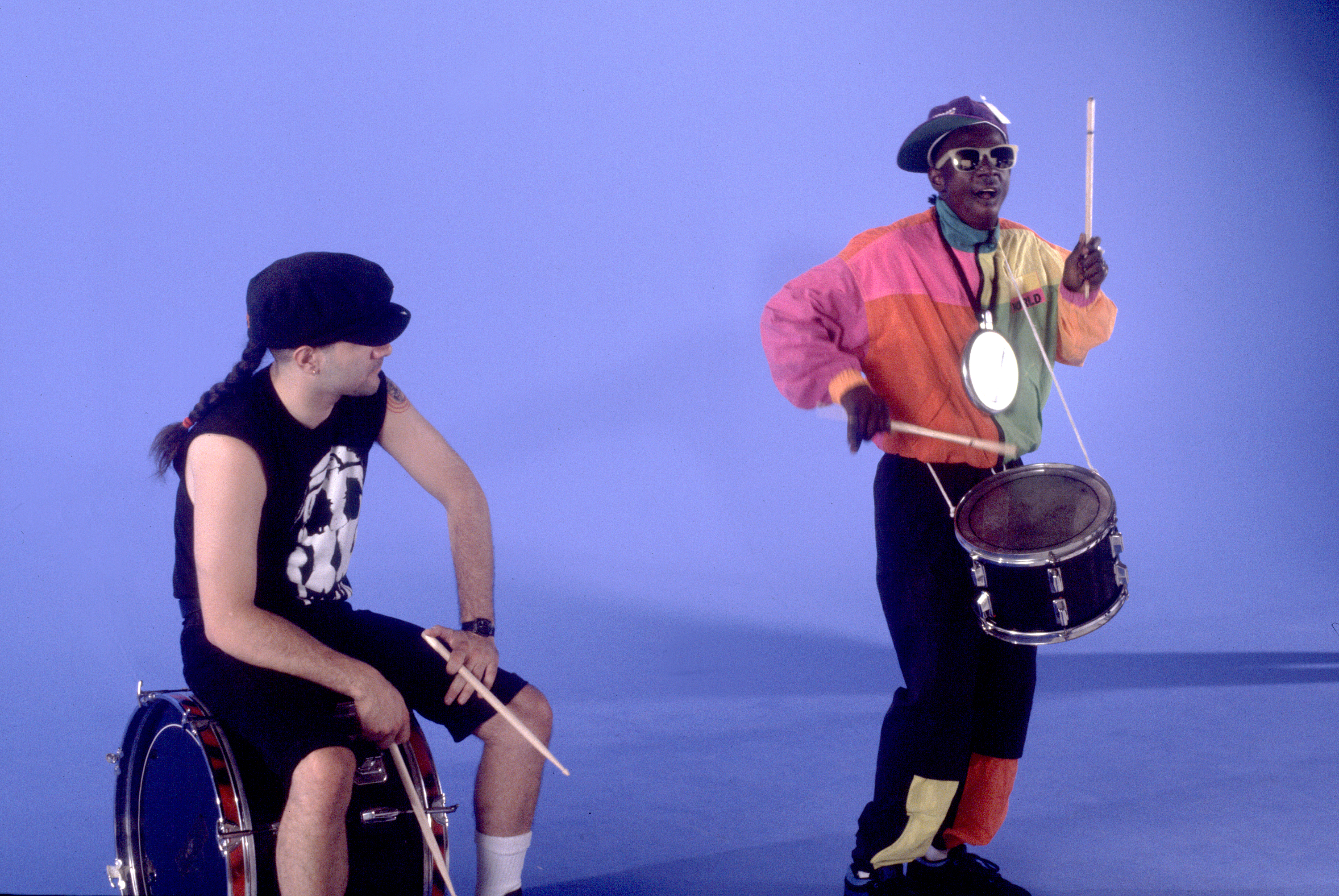 Members of Anthrax and Public Enemy filming the video for Bring The Noise