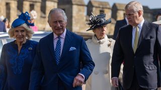 King Charles III arrives with Camilla, the Queen Consort, Princess Anne, Princess Royal, and Prince Andrew, Duke of York, to attend the Easter Sunday church service