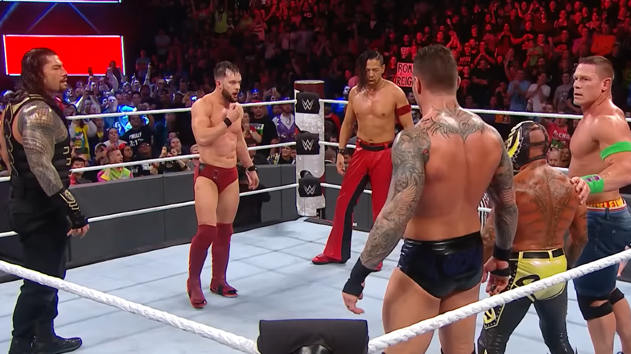 Roman Reigns, Finn Balor, Shinsuke Nakamura, Randy Orton, Rey Mysterio, and John Cena facing off in the 2018 Royal Rumble