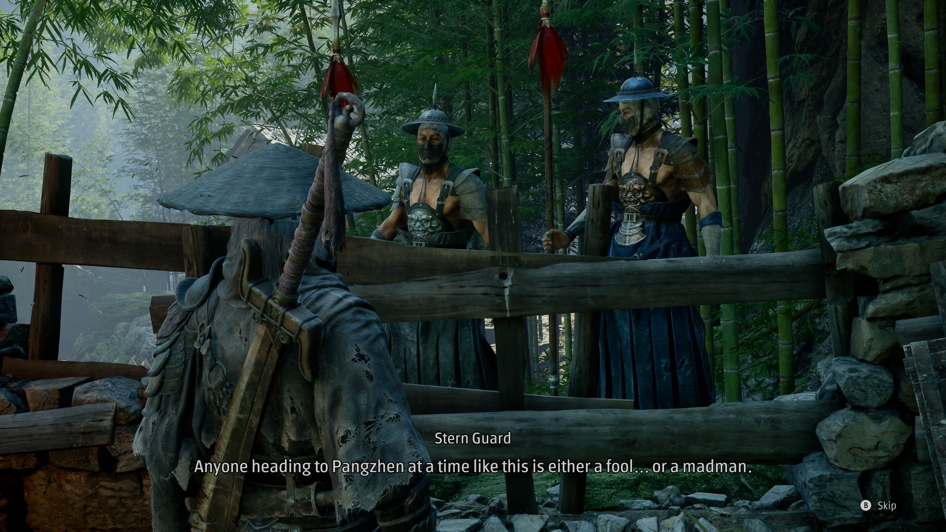 A stern guard stops Soul at a gate in Phantom Blade Zero: "Anyone heading to Pangzhen at a time like this is either a fool... or a madman."