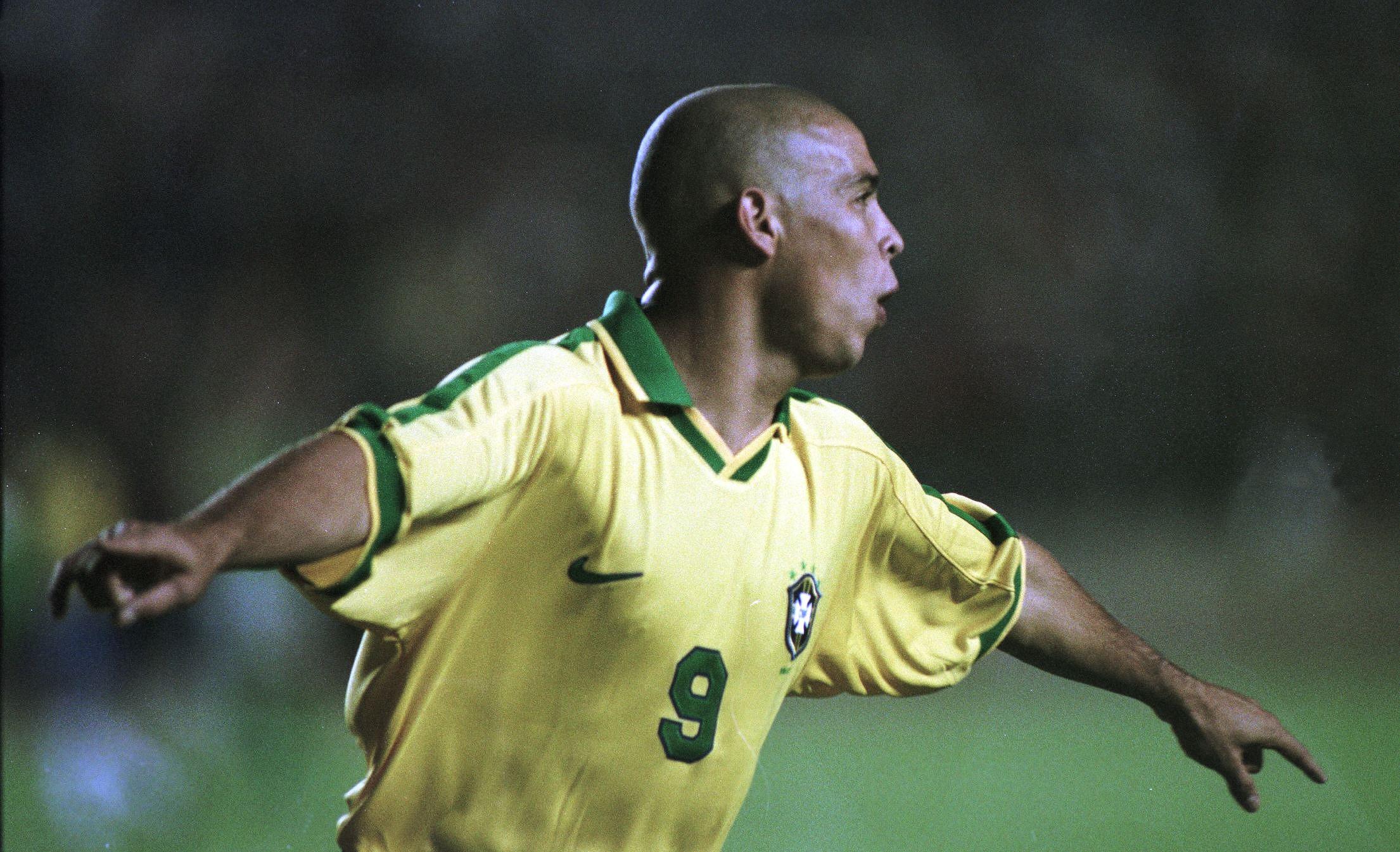 Ronaldo celebrates a goal for Brazil against Bolivia at the 1997 Copa America.