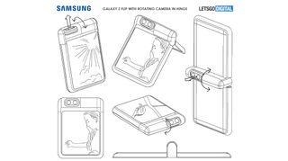 Sketches from a Samsung patent showing a foldable phone with a rotating camera