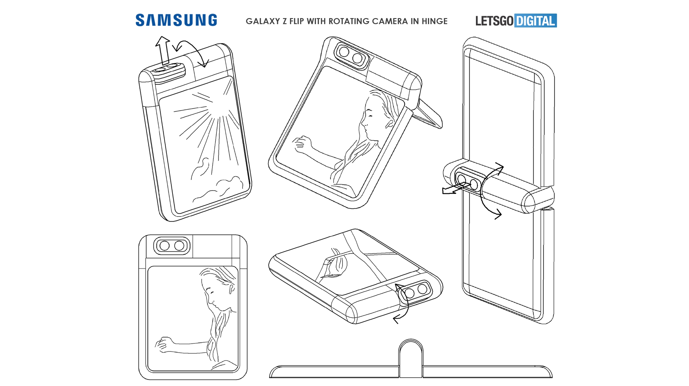 Sketsa dari paten Samsung menunjukkan ponsel lipat dengan kamera berputar