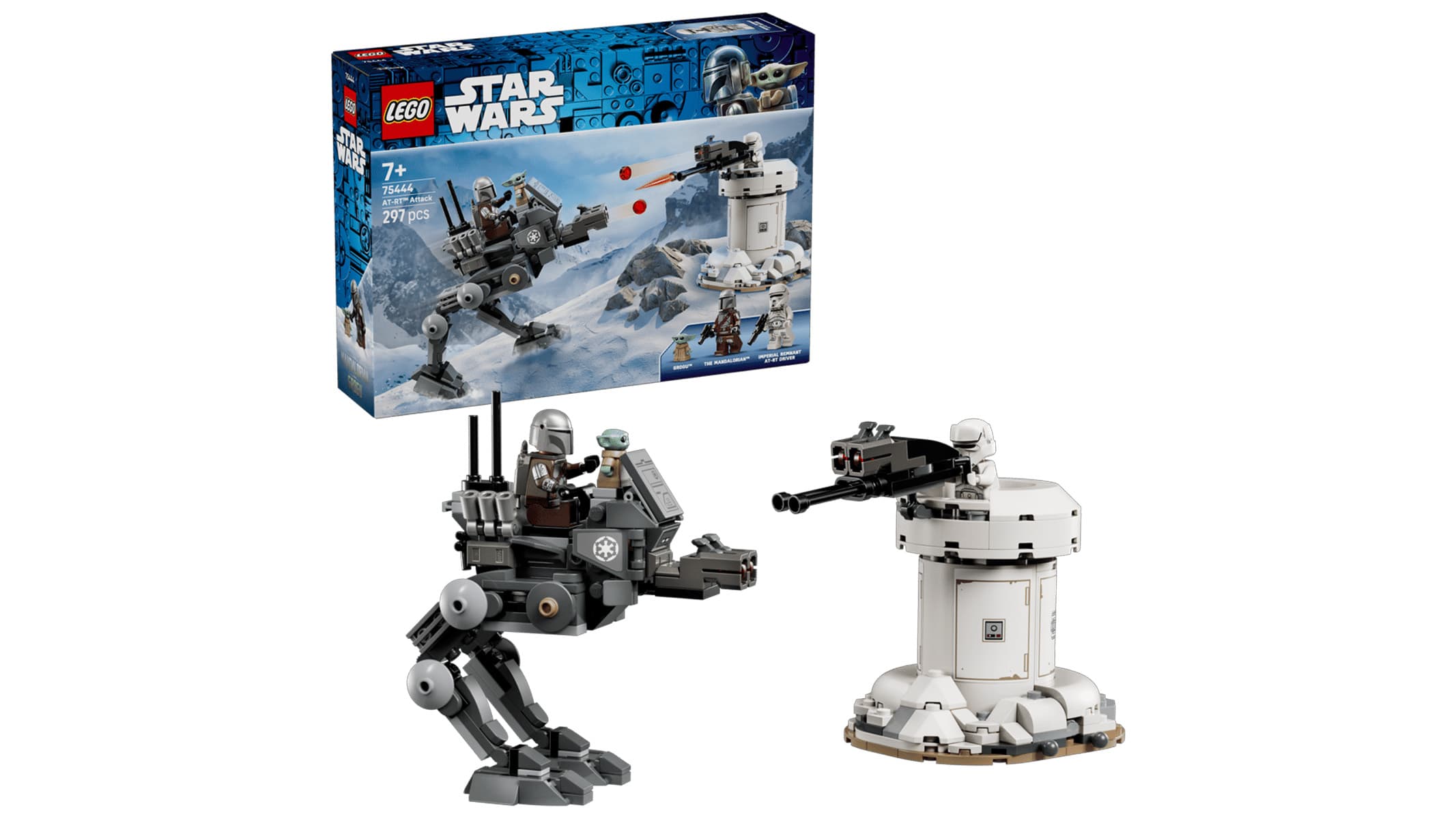 A gray two-legged robot and a white turret in brick-built form face each other in front of a blue product box and a white background.