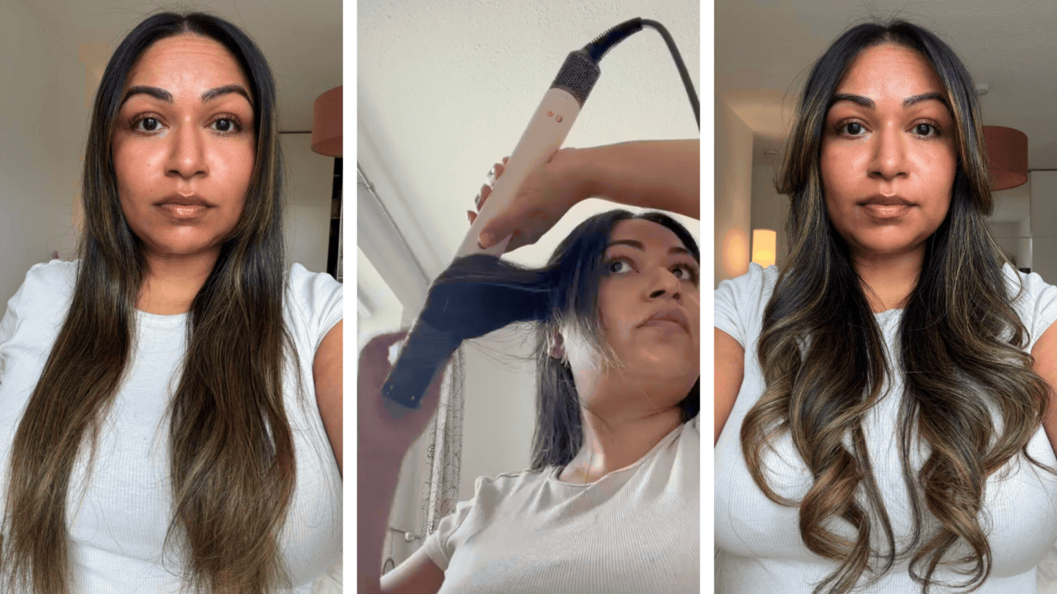 On the left is a before picture of Digital Beauty Editor Aleesha Badkar's hair before adding waves, followed by a GIF of how she uses the Dyson Airwrap and on the right, her wavy hair afterwards.