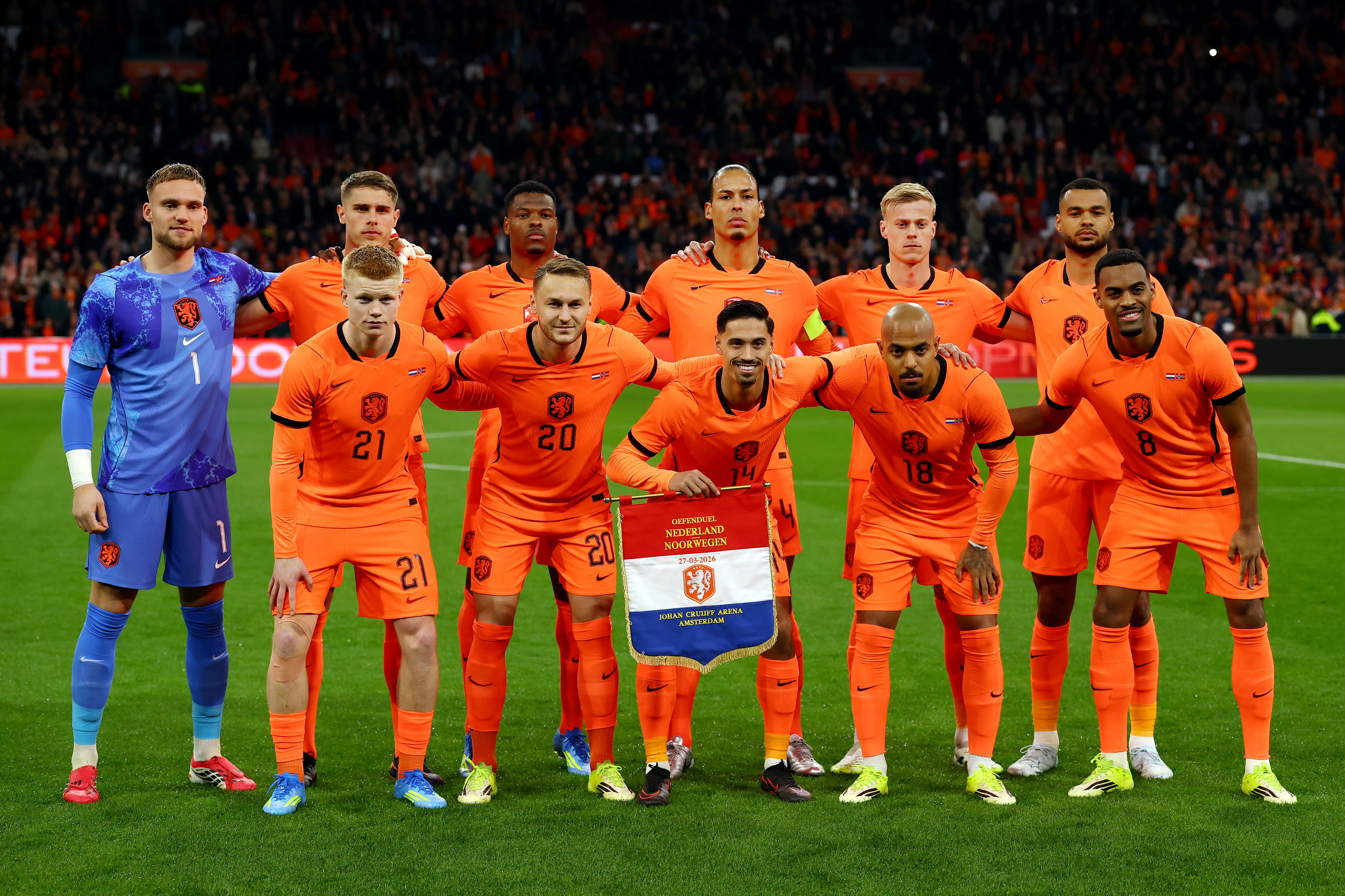 Players of Netherlands pose for a team photograph prior to the International Friendly between Netherlands and Norway at Johan Cruijff Arena on March 27, 2026 in Amsterdam, Netherlands