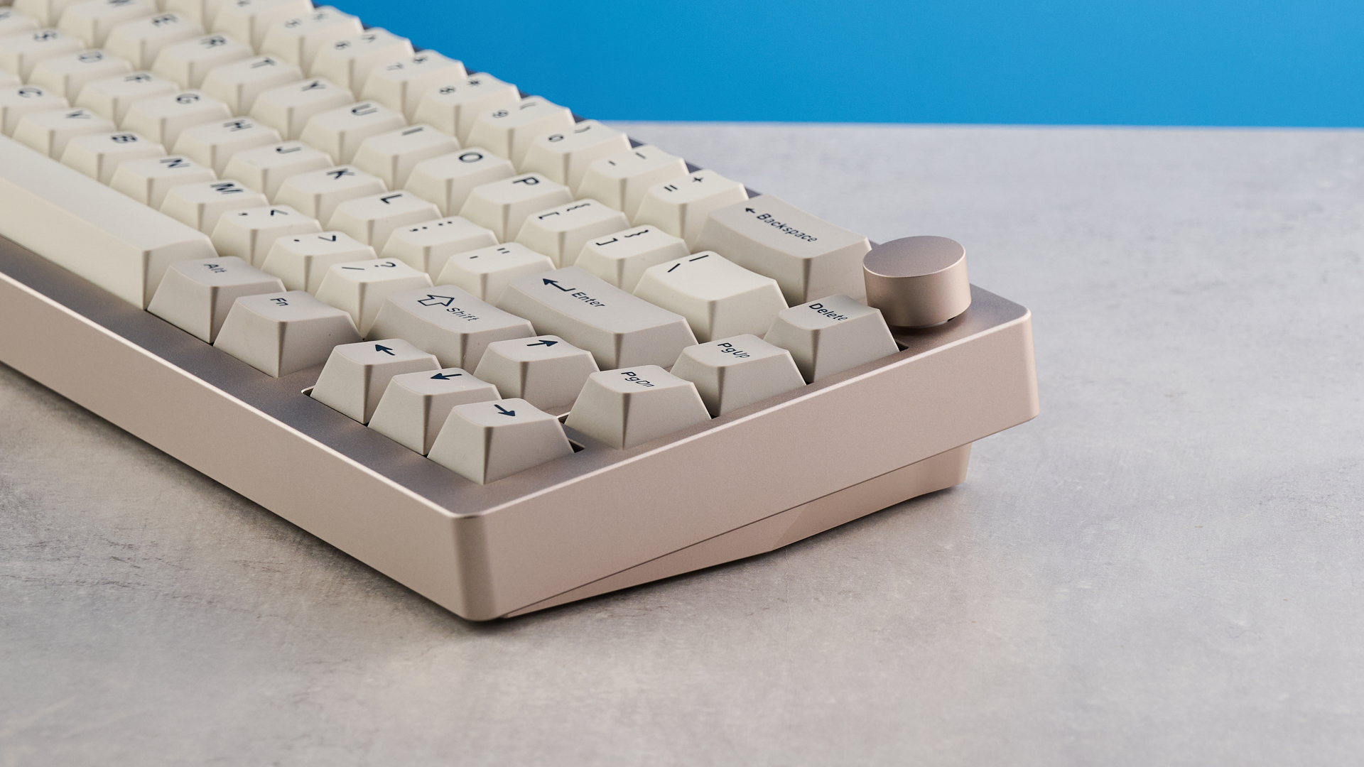 A khaki Epomaker P65 mechanical keyboard with linear switches