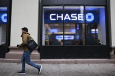 Chase bank logo in a storefront in New York. 