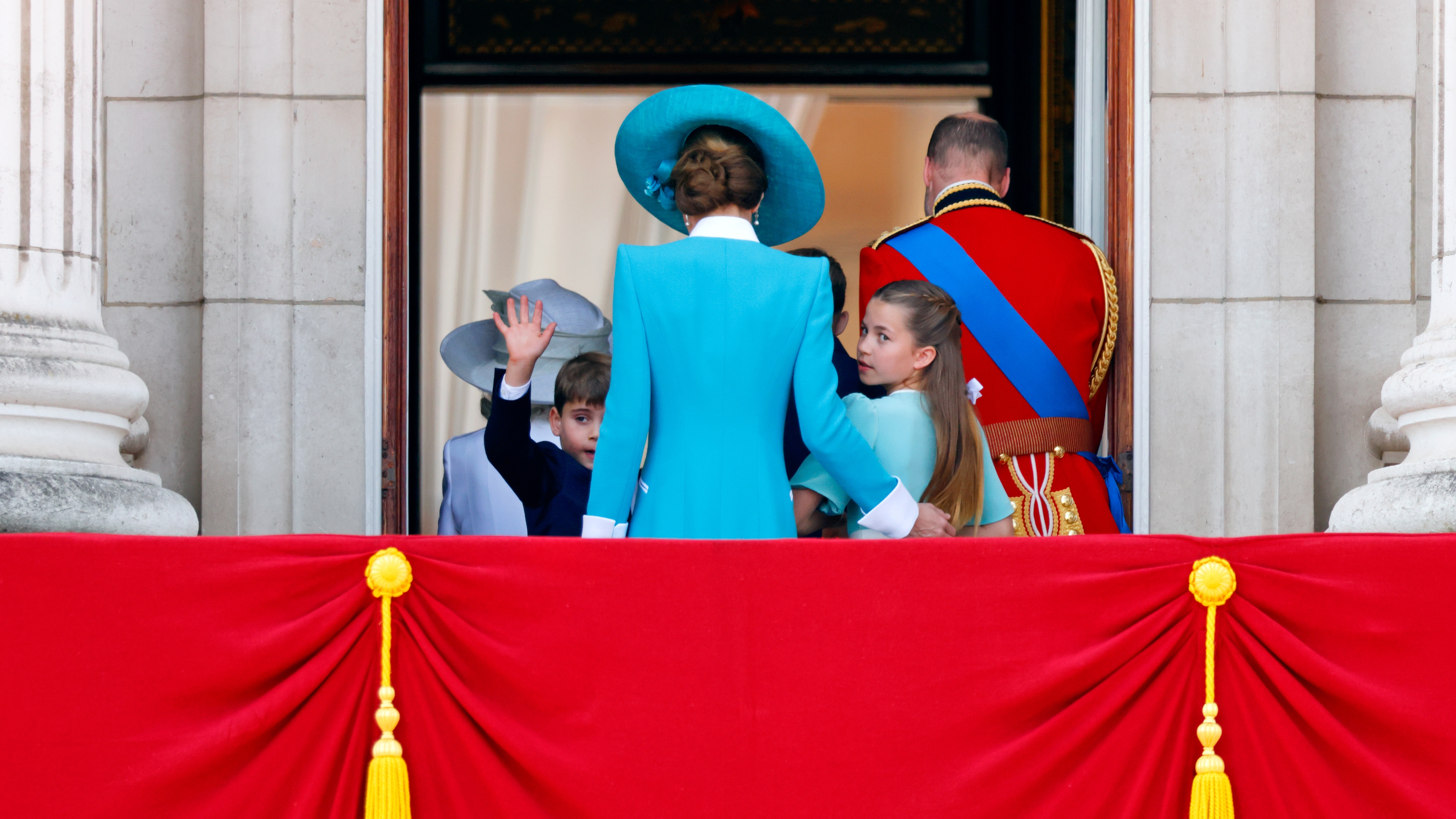 Prince Louis of Wales, Catherine, Princess of Wales, Princess Charlotte of Wales and Prince William, Prince of Wales (Colonel of the Welsh Guards) on the balcony of Buckingham Palace after attending Trooping The Colour 2025 on June 14, 2025