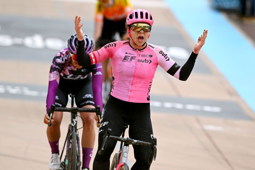 Alison Jackson (EF Education-TIBCO-SVB) celebrates winning 2022 Paris-Roubaix Femmes