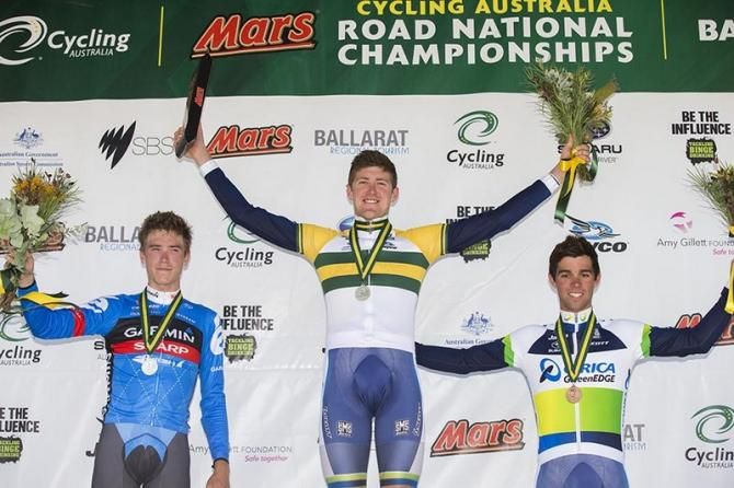 the 2013 Men's Individual Time Trial podium (left to right): Rohan Dennis, Luke Durbridge and Michael Matthews