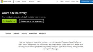 Website screenshot for Microsoft Azure Site Recovery.