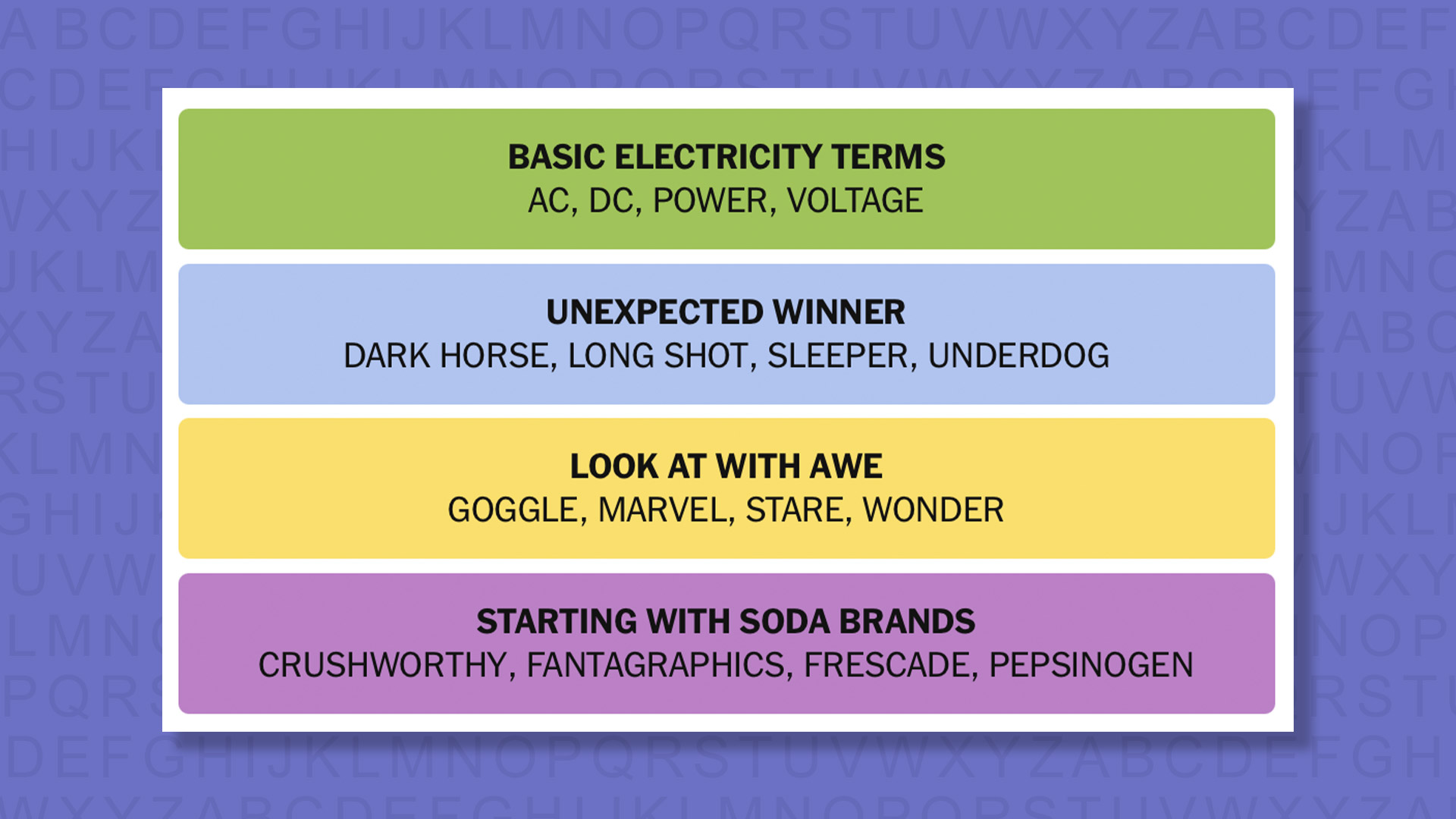 NYT Connections answers for game 1042 on a purple background