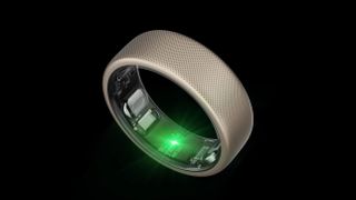 The Amazfit Helio Ring with a sensor lit up