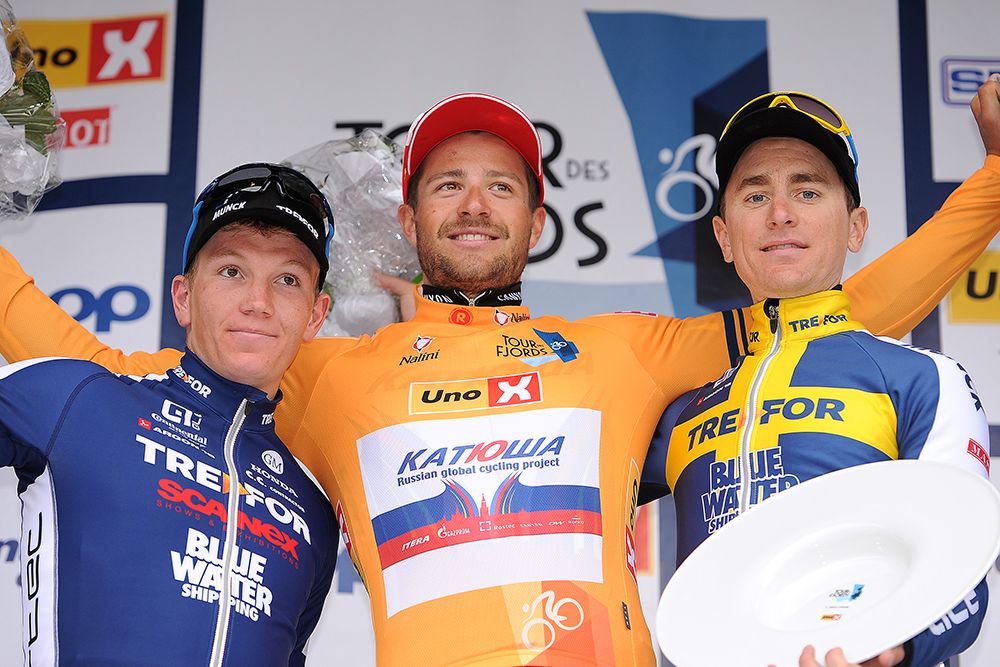 The overall podium: S&oslash;ren Kragh Andersen (Team Trefor-Blue Water), Marco Haller (Katusha) and Michael Olsson (Team Trefor-Blue Water)