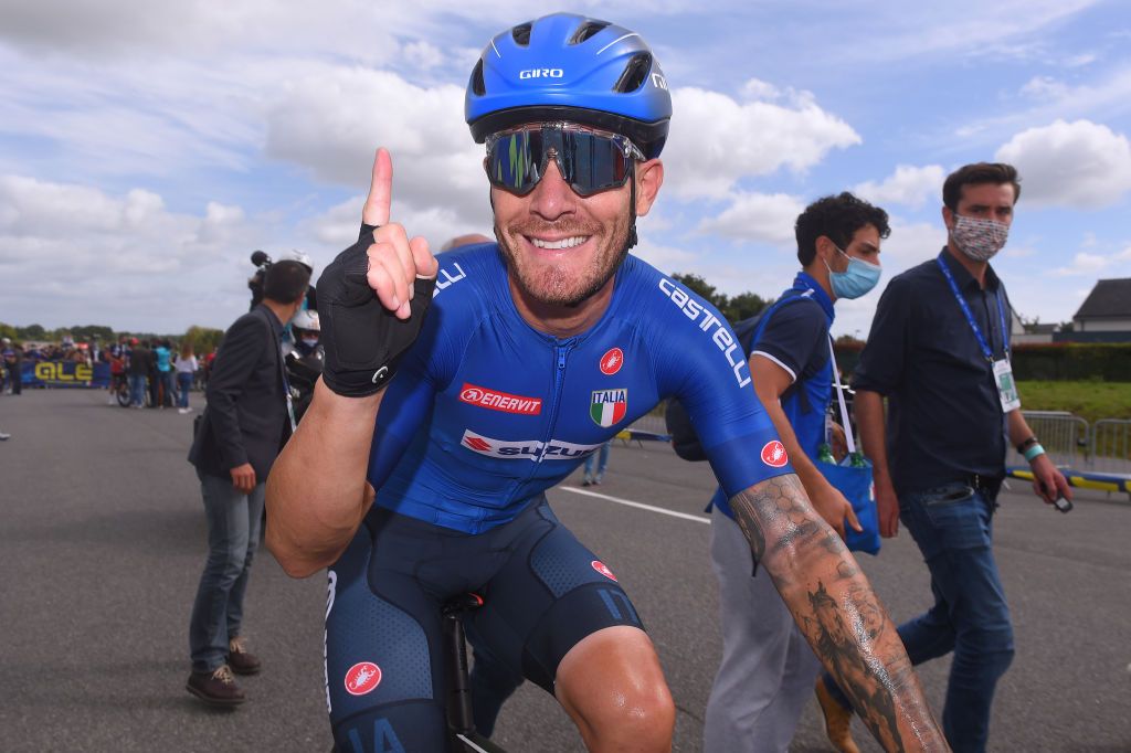PLOUAY FRANCE AUGUST 26 Arrival Giacomo Nizzolo of Italy Celebration during the 26th UEC Road European Championships 2020 Mens Elite a 17745km race from Plouay to Plouay UECcycling EuroRoad20 on August 26 2020 in Plouay France Photo by Luc ClaessenGetty Images