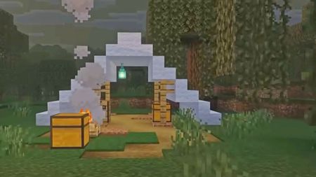 A white tent and a campfire make up an abandoned camp, coming in the next Minecraft update.