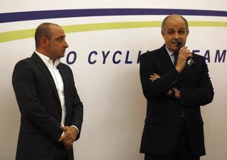 Italian manager Paolo Bettini and Italian federation head Renato Di Rocco at the Liquigas-Cannondale presentation in Milan.