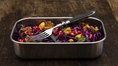 Food container with a vegan meal inside