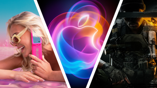 Apple&#039;s logo glows in blue orange and pink in the centre, a blonde haired woman at the beach is talking into a pink Barbie flip phone on the left, and a soldier in dark clothing is on the right