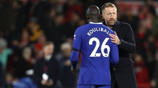 Chelsea manager Graham Potter with Kalidou Koulibaly after the Blues' 1-1 draw at Nottingham Forest in the Premier League.