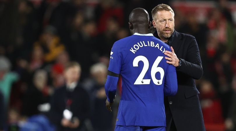 Chelsea manager Graham Potter with Kalidou Koulibaly after the Blues&#039; 1-1 draw at Nottingham Forest in the Premier League.