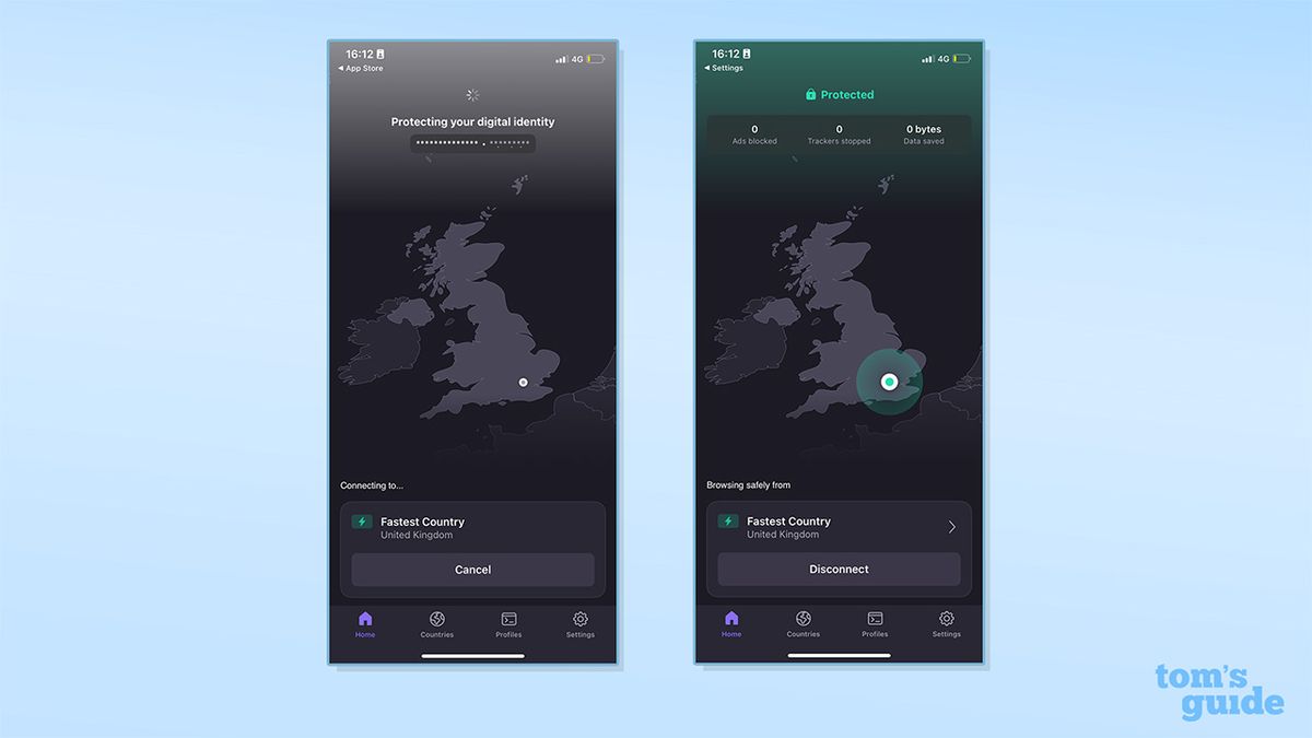 Two screenshots showing Proton VPN connected on its iOS app. On the left, there is Proton VPN while connecting on its iOS app. Below is a widget which shows the VPN is connecting to the fastest country. On the right is Proton VPN while connected on its iOS app. There is a heading above a grayscale map of the United Kingdom which reads "protected", with a widget below tracking the ads blocked, trackers stopped and data saved.