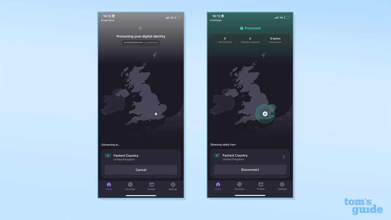 Two screenshots showing Proton VPN connected on its iOS app. On the left, there is Proton VPN while connecting on its iOS app. Below is a widget which shows the VPN is connecting to the fastest country. On the right is Proton VPN while connected on its iOS app. There is a heading above a grayscale map of the United Kingdom which reads "protected", with a widget below tracking the ads blocked, trackers stopped and data saved.