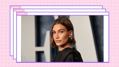 Hailey Bieber wears a black silk dress as she attends the 2023 Vanity Fair Oscar Party Hosted By Radhika Jones at Wallis Annenberg Center for the Performing Arts on March 12, 2023 in Beverly Hills, California/ in a pink and blue template