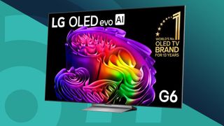 LG G6 OLED TV on a cyan background.