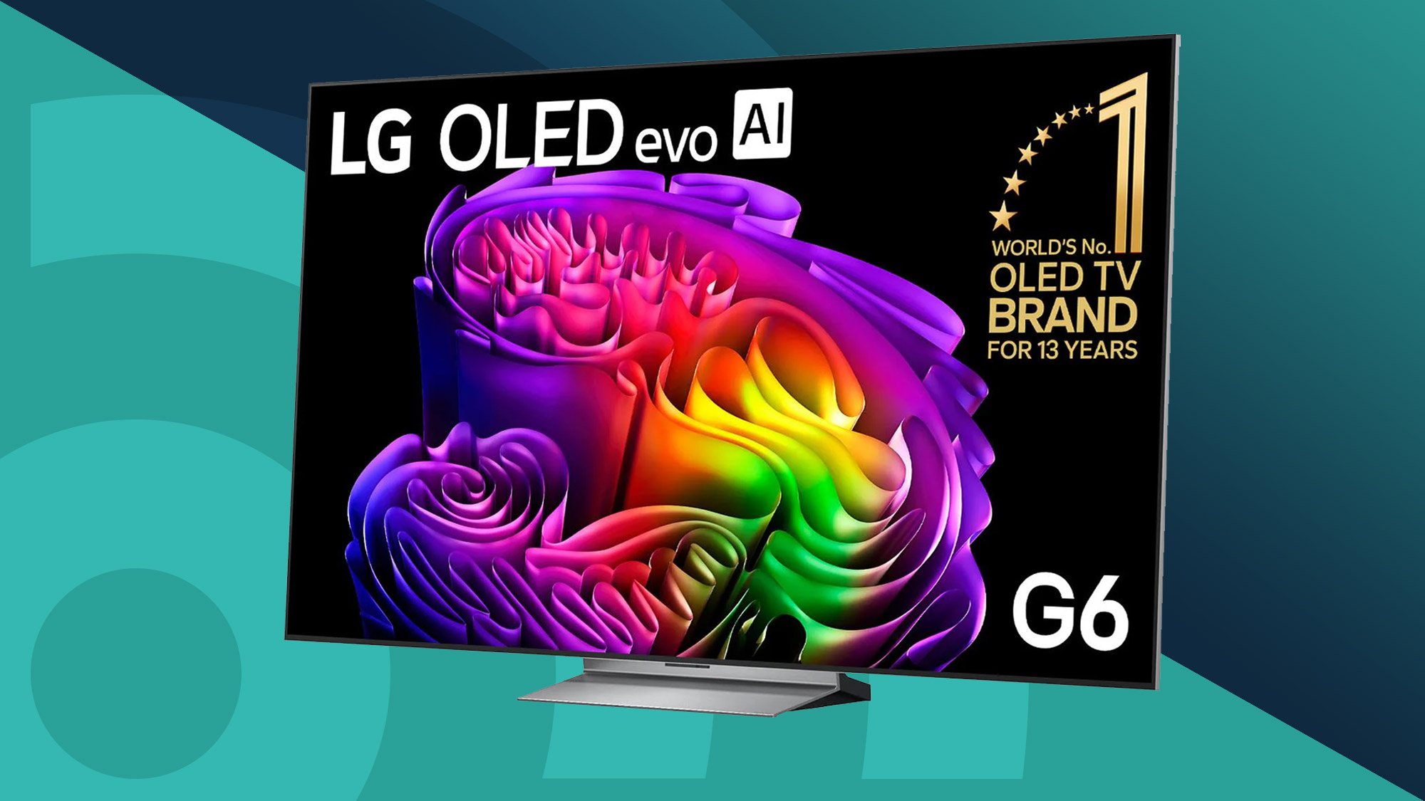 LG G6 OLED TV on a cyan background.