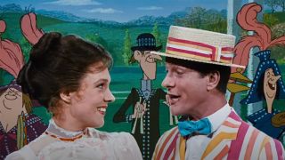 Dick Van Dyke and Julie Andrews sing together in musical scene with cartoons from Mary Poppins.