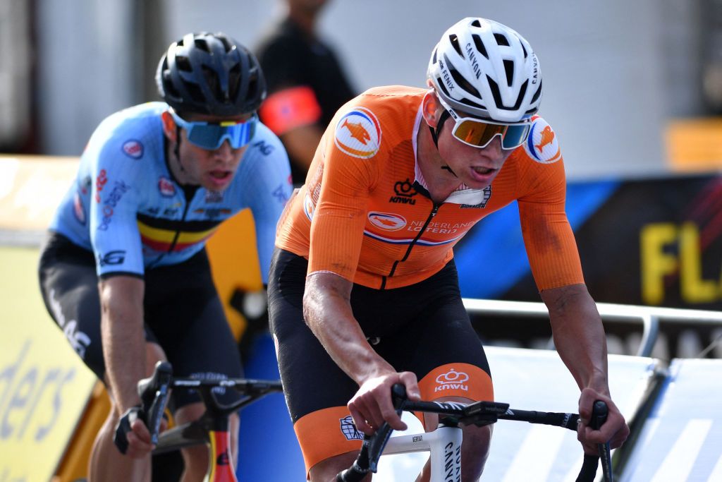 Mathieu van der Poel and Wout van Aert in the elite men&#039;s road race at the 2021 World Championships