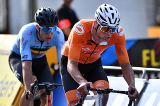 Mathieu van der Poel and Wout van Aert in the elite men's road race at the 2021 World Championships