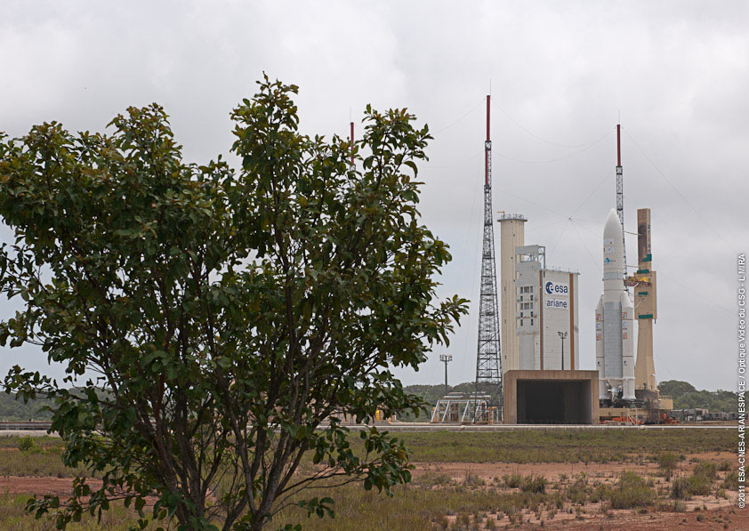 The European Ariane 5 rocket carrying the communications satellites Yahsat Y1A and New Dawn is rolled out to its South American launch pad at the Guiana Space Center in Kourou, French Guiana for a planned March 30, 2011 launch. 