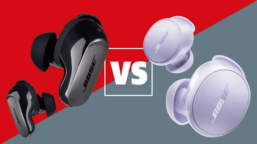 The Bose QuietComfort Ultra Earbuds and Bose QuietComfort Earbuds (2024) on a red and grey background with a vs symbol between them.