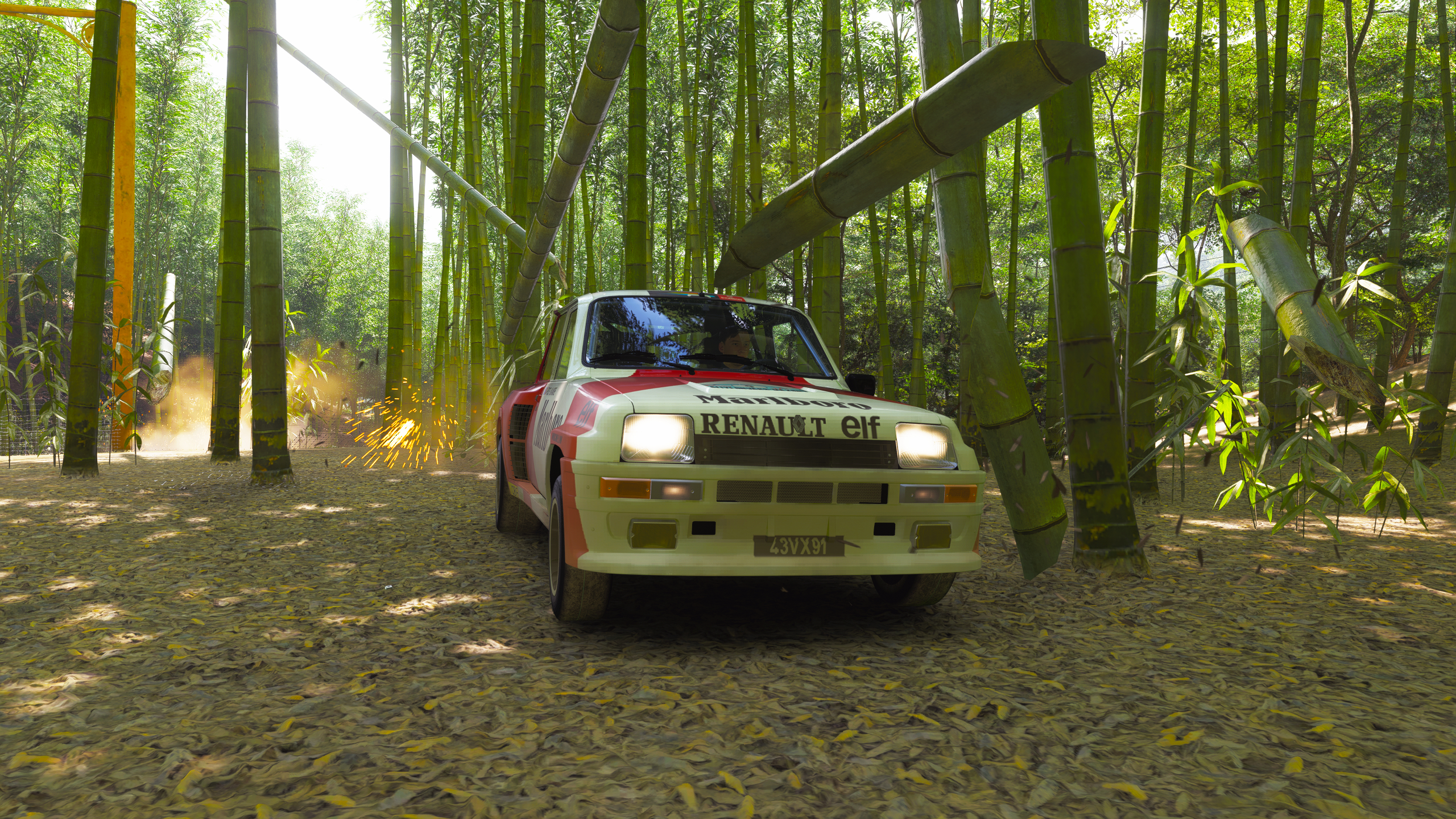 Forza Horizon 6 Bamboo Bash: A front-on view of a player driving through a forest of bamboo in a Renault 5 Turbo.