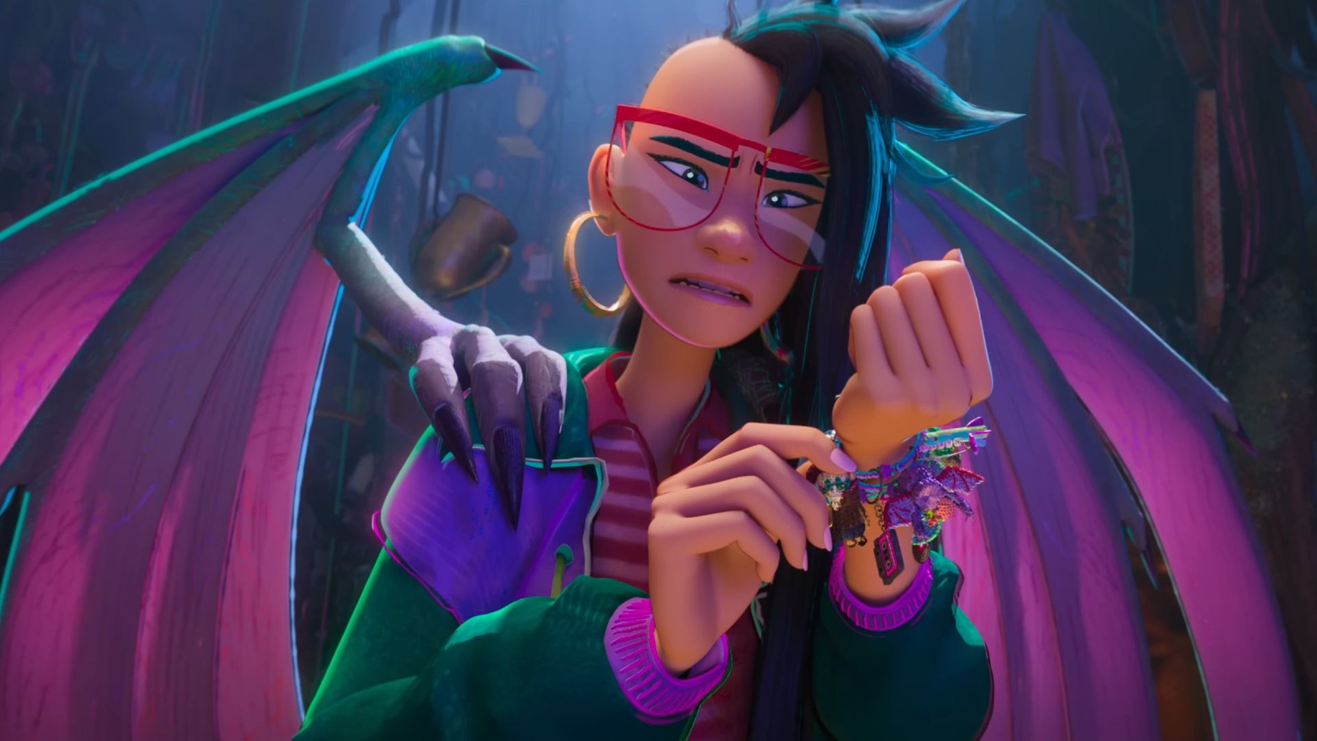 Raissa looking at friendship bracelet in Forgotten Island.